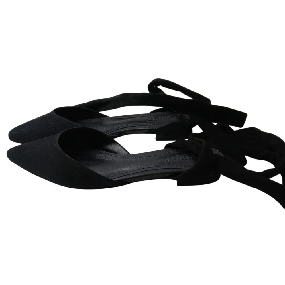 NIB Schutz Barbrah Black Suede Pointed Toe Ankle Tie Wrap D'Orsay Flats Size 6.5